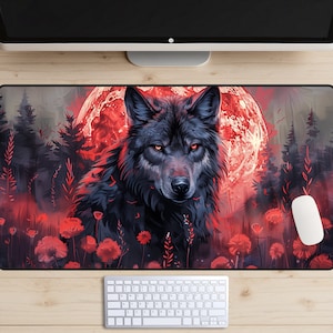 May include: A black wolf with glowing red eyes stands in front of a large red moon. The wolf is surrounded by red flowers and a dark forest.