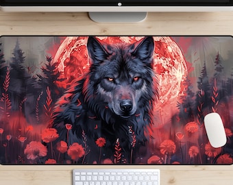 Lone Wolf Desk Mat, Blood Red Moon Desk Pad, Wolf Moon Mousepad, Fantasy Desk Topper, Red Flowers Laptop Mat, Forest Deskmat, Full Moon