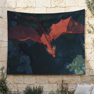 ドラゴンフライトタペストリー、レッドドラゴンの壁掛け、上から見た壁アート、ワイバーンの壁飾り、MTGタペストリー、伝説の生き物、中世