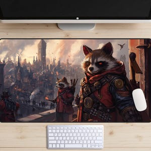 Tapete de mesa Steampunk Racoon, tapete de jogo MTG, tapete de mesa Warrior Racoons, topo de mesa Animal Soldiers, mousepad distópico, ficção científica, fantasia, jogos