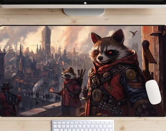 Steampunk Racoon Desk Mat, MTG Play Mat, Warrior Racoons Desk Pad, Animal Soldiers Desk Topper, Dystopian Mousepad, Sci fi, Fantasy, Gaming