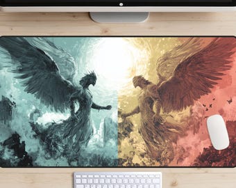 A Battle Between Light and Dark Desk Mat, Angels Desk Pad, Good vs Evil Desk Topper, Two Tone Mousepad, Medieval Etching Art Style, Fantasy