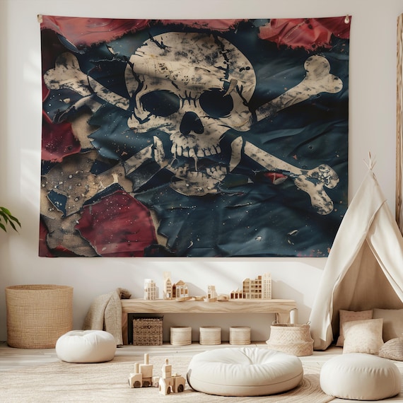 赤と黒の海賊旗タペストリー、ドクロと骨、MTG 壁飾り、ファンタジー