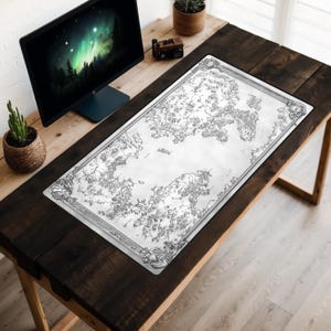 Monochrome Fantasy Weltkarte Schreibtischunterlage, Schwarzweiße Schreibtischunterlage, MTG Spielmatte, Fantasy Liebhaber