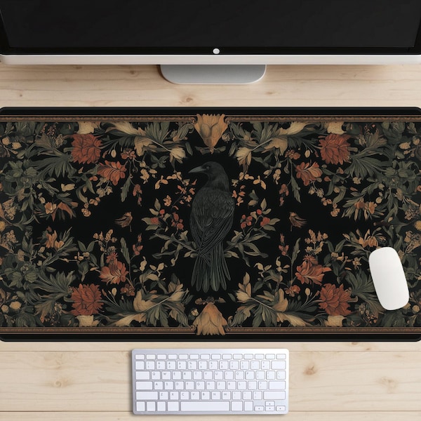 Raven Tapestry Desk Mat, Medieval Blackbird Desk Pad, Castle Decor Desk Topper, High Fantasy Mousepad, Crow, Cottagecore Wildflowers