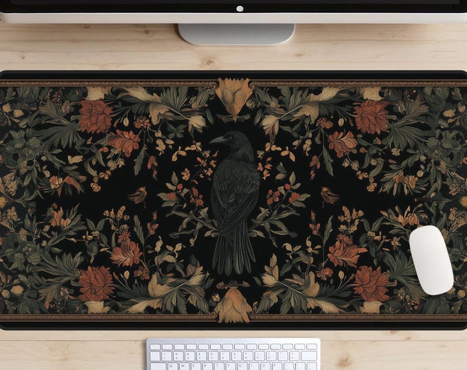 Raven Tapestry Desk Mat, Medieval Blackbird Desk Pad, Castle Decor Desk Topper, High Fantasy Mousepad, Crow, Cottagecore Wildflowers