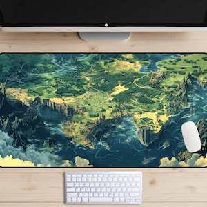 Fantasy Weltkarte Schreibtischmatte, Overworld Schreibtischunterlage, Vogelperspektive Landschafts Schreibtisch Topper, Open-World-Spiel Mousepad, Abenteuerliebhaber, Legende