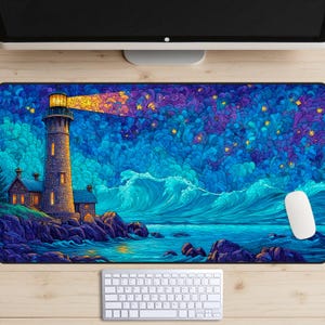 Tapis de bureau phare en vitrail, sous-plateau de bureau paysage marin, dessus de bureau vagues de l&#39;océan, tapis de souris décor côtier, décoration de maison de plage, esthétique nautique