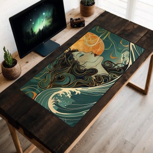 Tapete de mesa Water Spirit, tapete de mesa Art Nouveau, mousepad Gaia, topper de mesa mãe natureza, tapete para laptop com ilustração vintage, espaço de trabalho moderno