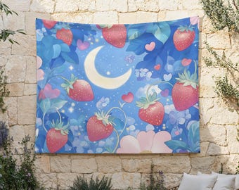 Strawberry Dream Tapestry, Strawberries in the Moonlight Cloth Hanging, Crescent Moon Wall Art, Cute Wall Decor, Kawaii Wall Hanging, Flower