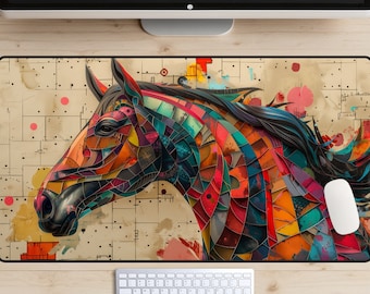 Colorful Horse Desk Mat, Mosaic Art Horse Desk Pad, Wild Horses Mousepad, Horseback Desk Topper, Equestrian Gift, Wild Horses, Painting, Sew
