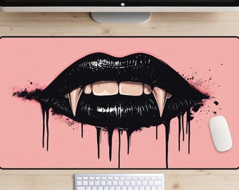 Vampire Fangs Desk Mat, Black Lipstick, Pink Pop Punk Laptop Pad