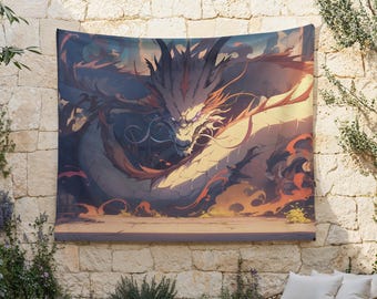 アーバンドラゴンタペストリー、アーバンファンタジー布ハンギング、ビッグシティドラゴン壁掛け、ドラゴンポップアート壁装飾、伝説の背景布