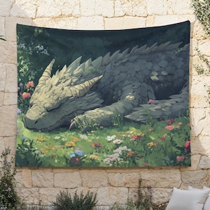 Sleeping Dragon Tapestry, Earth Dragon Wall Hanging, Fantasy Garden Wall Art, Wyvern Wall Decor, MTG Tapestry, Legendary Creature, Cute Gift