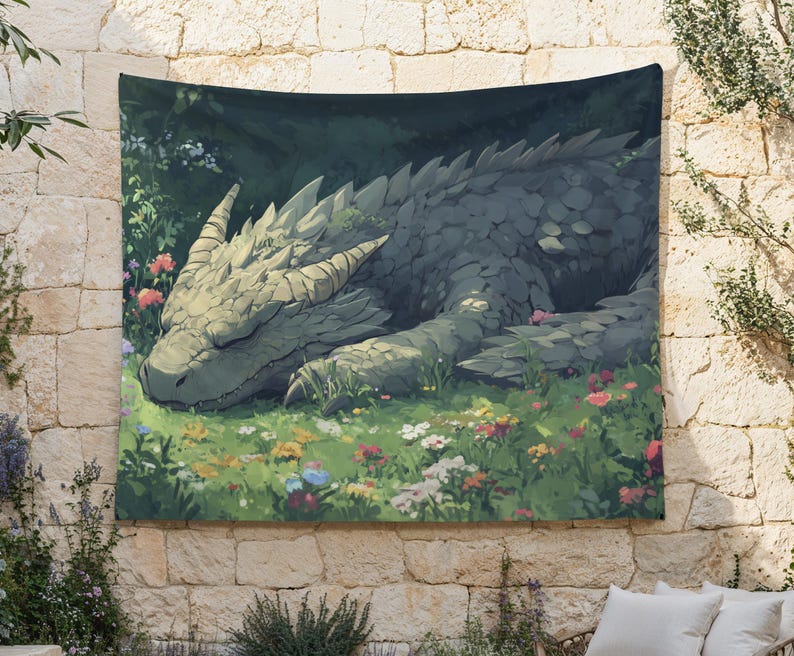Sleeping Dragon Tapestry, Earth Dragon Wall Hanging, Fantasy Garden Wall Art, Wyvern Wall Decor, MTG Tapestry, Legendary Creature, Cute Gift