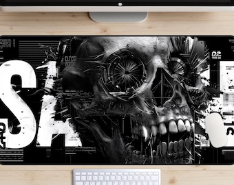 Cyberpunk Skull Desk Mat, Hardcore Skull Desk Pad, Heavy Metal Desk Topper, Horror Mousepad, Punk Rock Laptop Mat, Black and White Desk Mat
