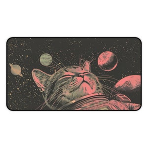 Podkładka na biurko z motywem kota kosmicznego, podkładka na biurko z motywem kota kosmicznego, nakładka na biurko z motywem kota astronauty w stylu vintage, podkładka pod mysz z motywem science fiction, podkładka na laptopa w stylu plakatu szkolnego zdjęcie 7