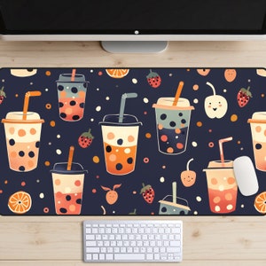 Boba Tea Desk Mat, Cute Boba Desk Pad, Kawaii Desk Topper, Bubble Tea Laptop Mat, Trendy Workspace, Boho Chic Aesthetic, Milk Tea Mousepad