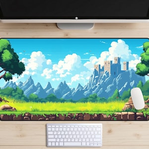 Tapete de mesa Grassland Castle Pixel Art, tapete de mesa com fundo de jogo 2D, capa de mesa para videogame de fantasia, tapete de jogo MTG, mousepad de cenário épico