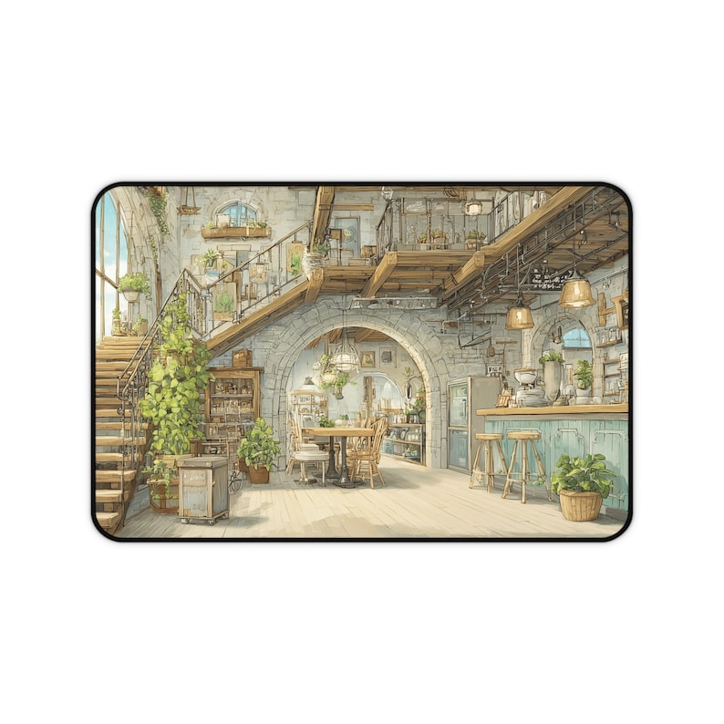 Lofi Cafe Desk Mat, Watercolor Aesthetic Gaming Mouse Pad, Cozy Cafe Large Desk Pad, Studio Ghibli Inspired Office Decor, Gamer Gift image 9