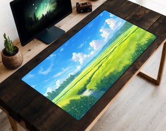 Windy Field Desk Mat, Lofi Landscape Deskmat, Clouds and Sky Play Mat, Grassy Meadow Desk Pad, Blue Sky Desk Decor, Anime Mousepad, Farmland