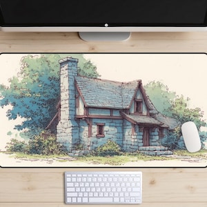 Storybook Cottage Desk Mat, Quaint Cottage Desk Pad, Fairytale Desk Topper, Vintage Fantasy Story Mousepad, Cozy Aesthetic Laptop Mat