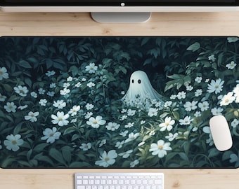 Cute Ghost in the Garden Desk Mat, Tiny Ghost in a Flower Bed Desk Pad, Little Spirit in the Woods Desk Topper, Green Mousepad, Floral Decor