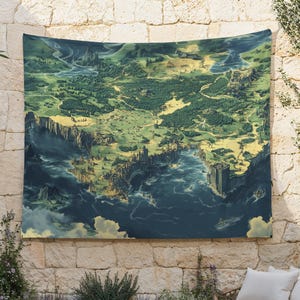 Wandtapijt fantasiewereld, muur hangen bovenwereld, open wereld gamedoek hangen, RPG-muurdecoratie, kunst aan de muur avonturenvideogame, rijk