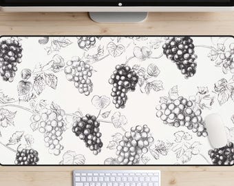 Vintage Vineyard Grapes Desk Mat, Chic Black and White Desk Pad, Rustic Vineyard Aesthetic Desk Topper, Grape Bunches Mousepad, Classic