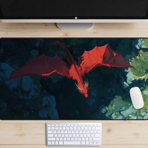 Tappetino da scrivania Dragon Flight, tappetino da scrivania Red Dragon, tappetino da scrivania View From Above, tappetino per mouse Wyvern, tappetino da gioco MTG, creatura leggendaria, medievale, regalo