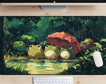 Tapis de bureau grenouilles jours de pluie, sous-vêtement esthétique Lofi, dessus de bureau Grenouille mignonne, tapis de souris Grenouille Kawaii, décoration de bureau confortable, grosses grenouilles