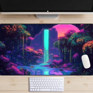 Tappetino da scrivania Pixel Art Cove, topper da scrivania a 16 bit, tappetino da scrivania a cascata al neon, tappetino per mouse con grafica di videogiochi, tappetino per laptop retrò, Cyberpunk Lagoon, 8 bit