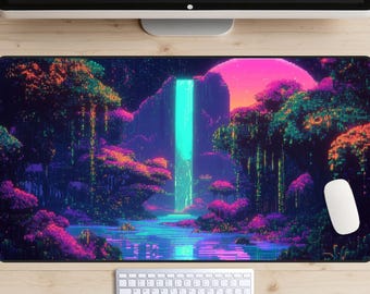 Pixel Art Cove Desk Mat, 16 Bit Desk Topper, Neon Waterfall Desk Pad, Video Game Art Mousepad, Retro Laptop Mat, Cyberpunk Lagoon, 8 Bit