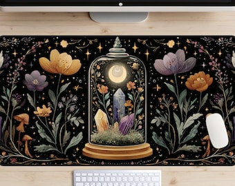 Mystical Terrarium Tapestry Desk Mat, Witchy Crystals Desk Pad, High Fantasy Desk Topper, Cottagecore Wildflowers Mousepad, Dark Botanical