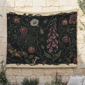 Gothic Botanical Tapestry, Death's Head Moth Wall Hanging, Dark Whimsigoth Wall Cloth, Spooky Cottagecore Thorns Wall Art, Moody Plants