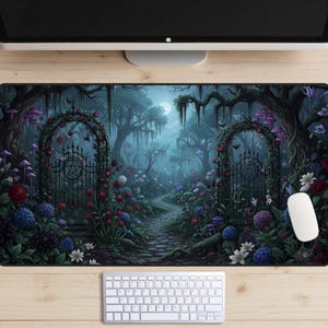 Moonlit Gate & Flowers Desk Mat, Gothic Forest Pentacle Mouse Pad, Magical Night Garden XL Mat, Witchy Woods Path Computer Mat