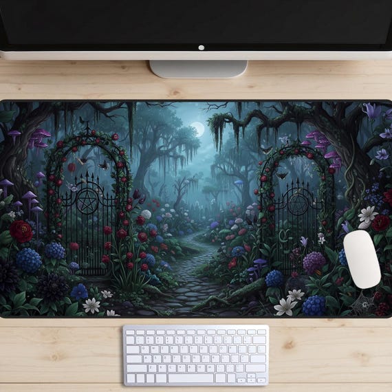 Night Forest Desk Mat, Witchy Moonlit Forest Gate Mouse Pad, Dark Cottagecore XL Gaming Mat, Mystical Garden Altar Decor, Whimsigoth