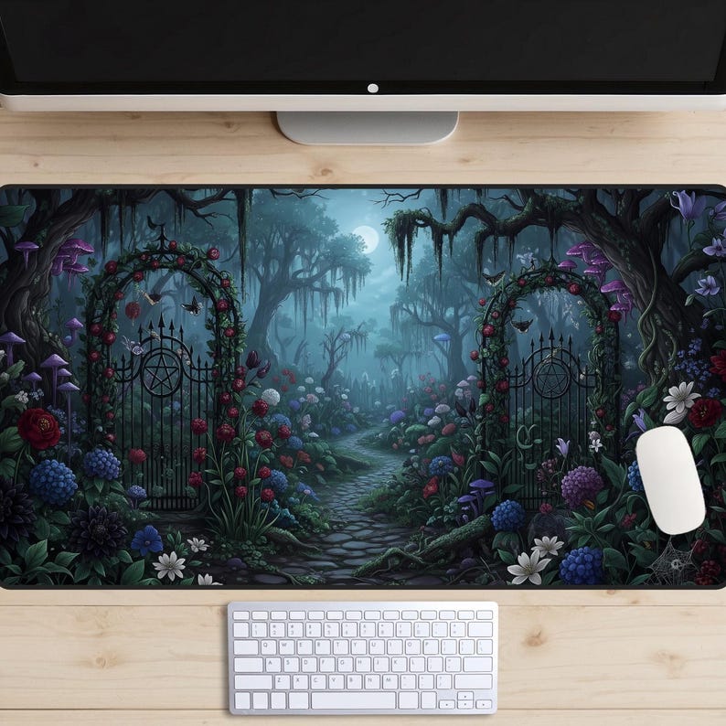 Moonlit Gate & Flowers Desk Mat, Gothic Forest Pentacle Mouse Pad, Magical Night Garden XL Mat, Witchy Woods Path Computer Mat