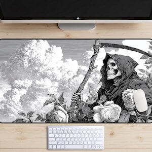 Grim Reaper Desk Mat, Death Desk Pad, Black and White Desk Topper, Gaming Setup, Gamer Gift, Skeleton Mousepad, Heavy Metal Laptop Mat