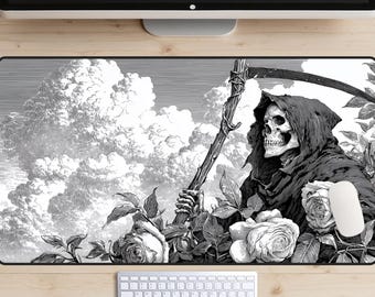 Grim Reaper Desk Mat, Death Desk Pad, Black and White Desk Topper, Gaming Setup, Gamer Gift, Skeleton Mousepad, Heavy Metal Laptop Mat