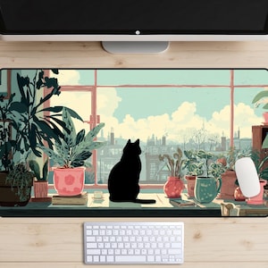 May include: A decorative desk mat featuring a black cat silhouette gazing out a window at a cityscape. The scene includes potted plants, a cup, and a keyboard. The color palette is soft, with greens, pinks, and blues.