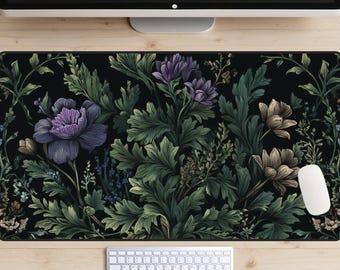 Dark Botanical Print Desk Mat, Cottagecore Wildflowers Desk Pad, Vintage Floral Print Desk Topper, Plant Life Mousepad, Purple Flowers