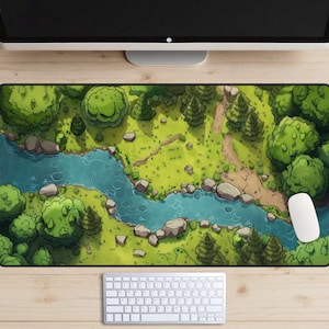Tappetino da scrivania Lofi River, tappetino per mouse Stream, tappetino da scrivania foresta, gioco artistico di videogiochi, tappetino da gioco MTG, tappetino per laptop carino, acqua blu, arredamento per ufficio tranquillo