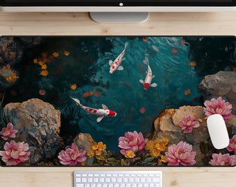 Tapete de escritorio con diseño de estanque de peces koi con flores rosas, tapete de escritorio con pintura zen, tapete para portátil con diseño de aguas azules, tapete para ratón con peces dorados, decoración de oficina tranquila, tapete de escritorio bonito
