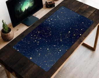 Gold Constellations Desk Mat, Starry Night Sky Desk Pad, Stars Desk Topper, Gold and Navy Mousepad, Astronomy Laptop Mat, Celestial, Dreamy
