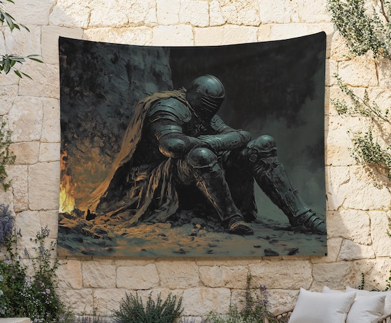 Dark Fantasy Knight Tapestry, Grim Dark Warrior Wall Hanging, MTG