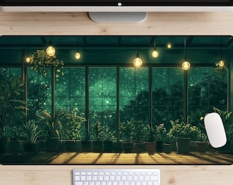 May include: A green and black mousepad with a starry night scene viewed through a window with potted plants in front of the window. The scene is lit by hanging light bulbs.