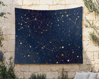 Gold Constellations Tapestry, Stars Cloth Hanging, Gold and Navy, Nighttime Wall Art, Celestial Wall Cloth, Serene Cosmos, Starlight