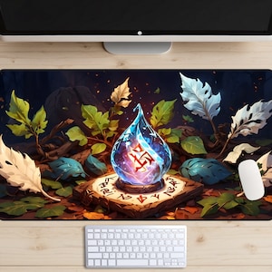 May include: A blue and white glass orb with a red symbol inside, resting on a wooden base with runes carved into it. The orb is surrounded by leaves and branches, creating a mystical and magical atmosphere.
