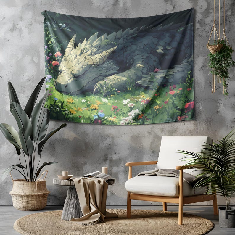 May include: A tapestry featuring a green and brown dragon sleeping in a field of colorful flowers. The dragon has a long snout and large, green scales. The flowers are in bloom and have a variety of colors, including pink, purple, yellow, and white.